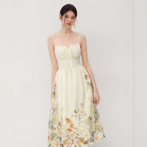 Cider Square Neck Watercolor Floral Shirred Midi Dress